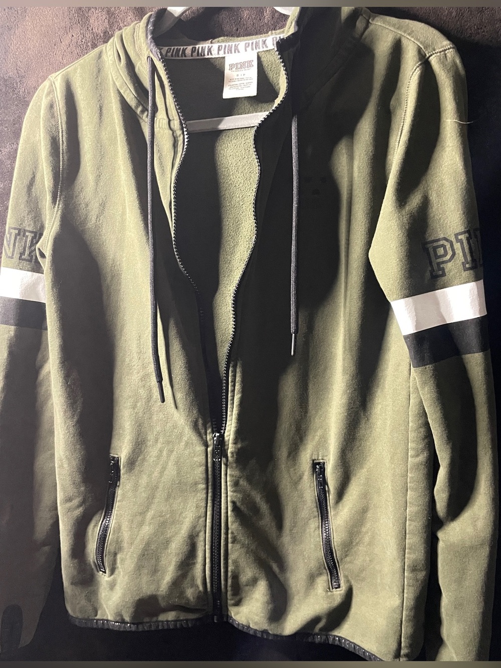PINK VS Olive Green Hooded Zip-Up  w- Stripe Detail Size-Small Like New!